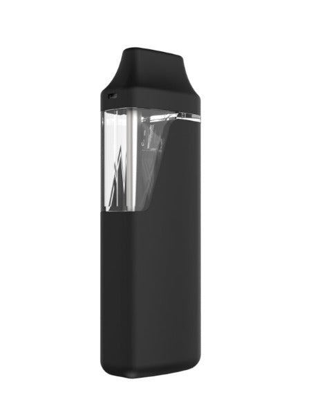A black, micro-sized, inhale-activated disposable vape with a clear side viewing window.